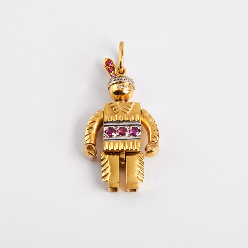 PENDENTE IN ORO GIALLO 18KT, DIAMANTI E RUBINI