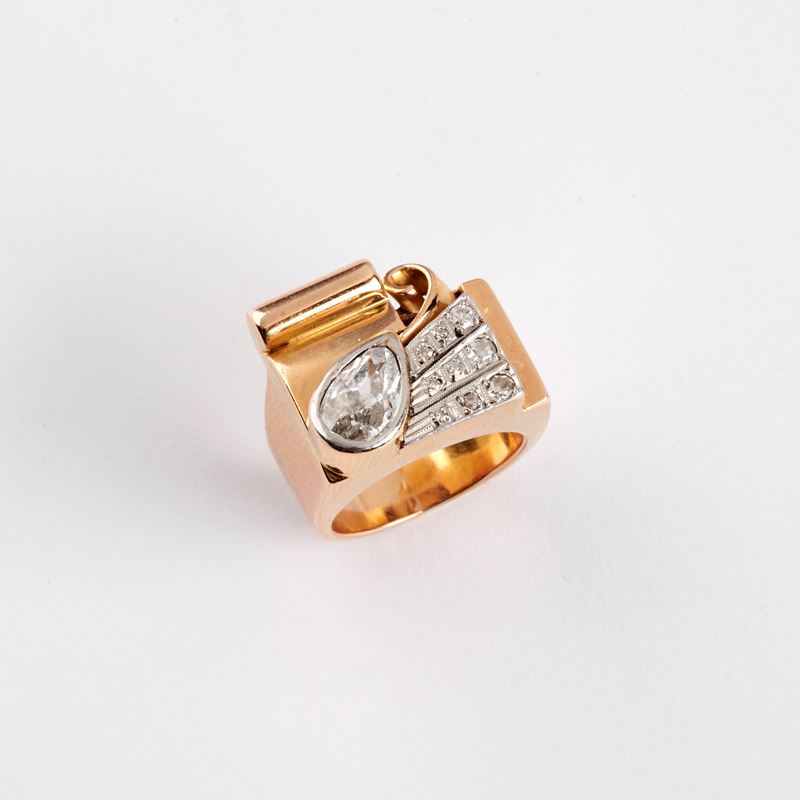 Anello da Mignolo in Oro Giallo, Oro Bianco e Diamanti