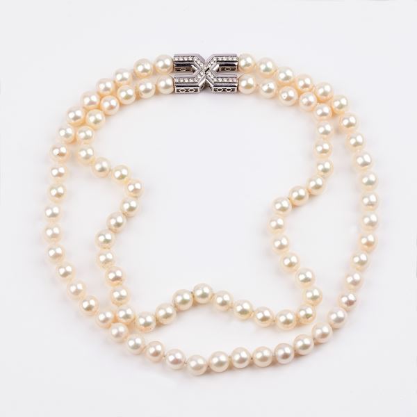 COLLANA IN ORO BIANCO 18KT, DIAMANTI E PERLE 