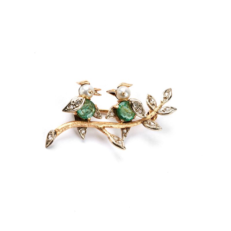 SPILLA IN ORO 18KT, DIAMANTI, PERLE E PIETRE