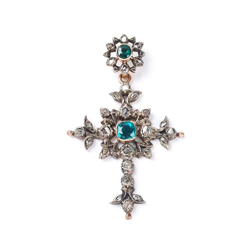 PENDENTE IN ORO GIALLO 18KT, ARGENTO, DIAMANTI E PIETRE