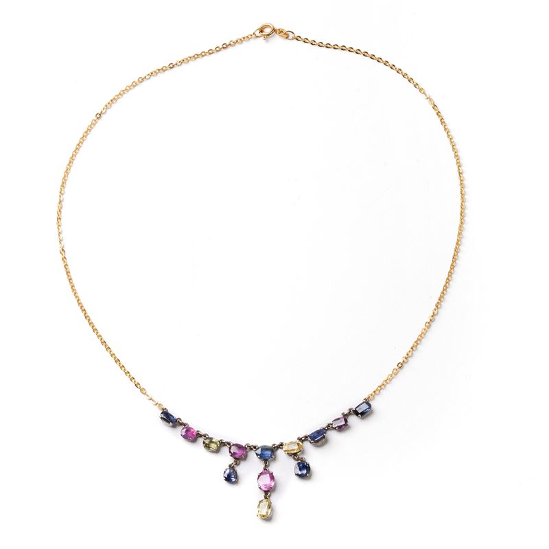 COLLANA IN ORO GIALLO 18KT, ARGENTO E ZAFFIRI