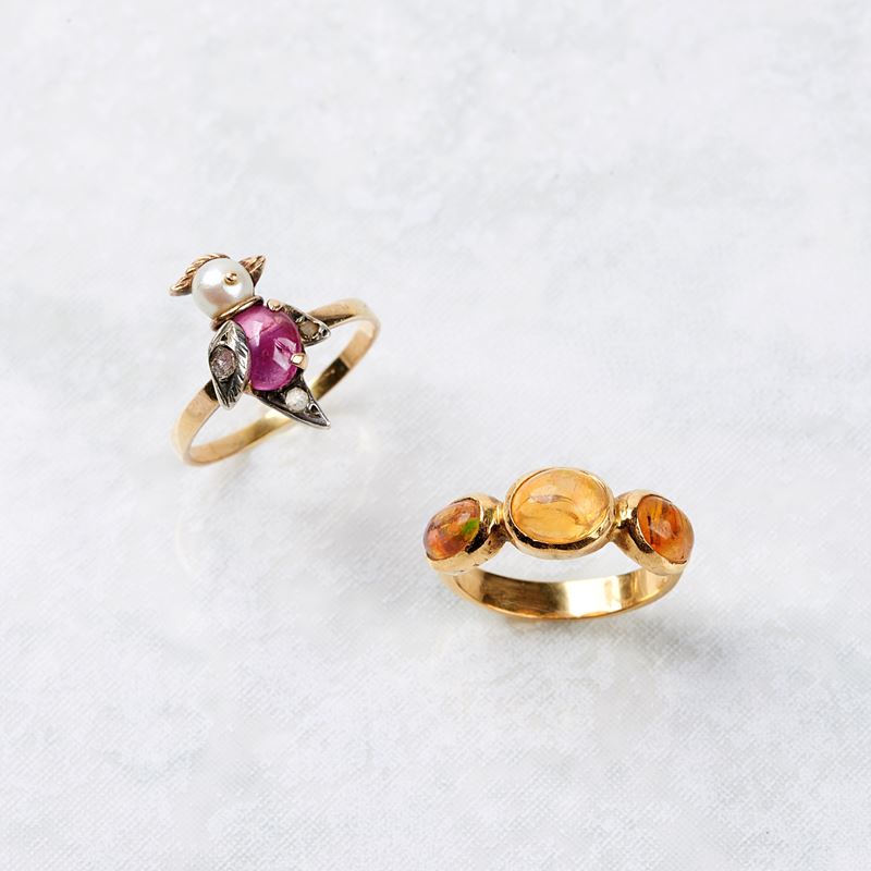 ANELLO IN ORO GIALLO, ARGENTO E PIETRE PREZIOSE
