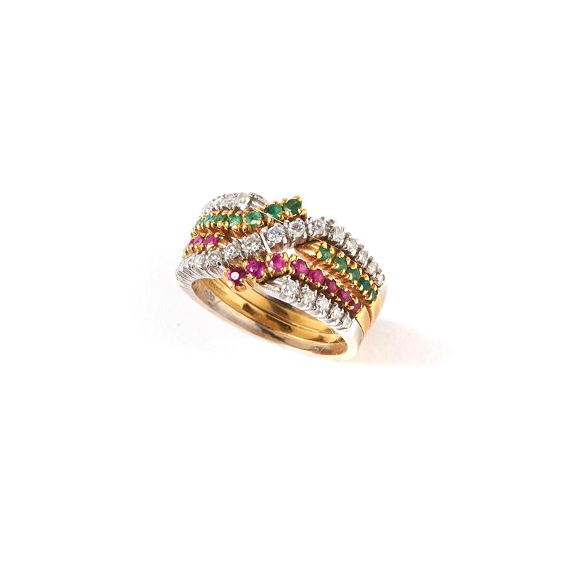 Fedina Dell&rsquo; Amore in Oro Giallo, Oro Bianco 18 Kt, Diamanti , Rubini e Smeraldi