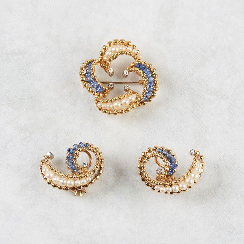 Demi-parure in Oro Giallo 18kt, Diamanti, Perle e Pietre
