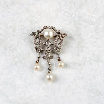 Spilla in Oro Bianco 18kt, Argento, Diamanti e Perle