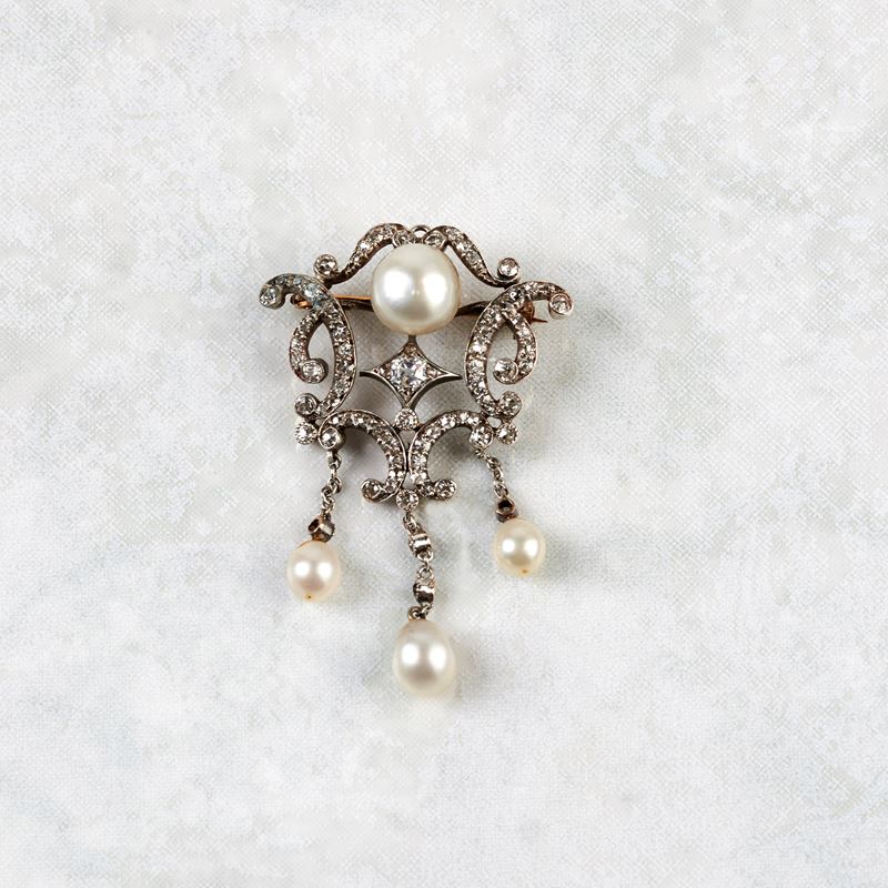 Spilla in Oro Bianco 18kt, Argento, Diamanti e Perle