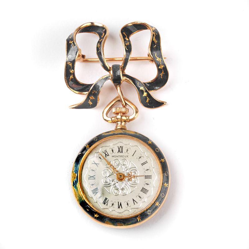 Spilla a Fiocco in Oro Kt 18 con Orologio Pendente Montreux e Smalti