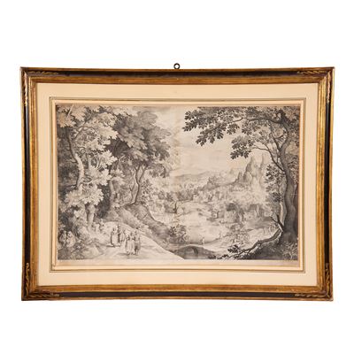 Nicolaes De Bruyn, Paesaggio con caccia al cervo (da Jan Breugel il Vecchio) — incisione a bulino