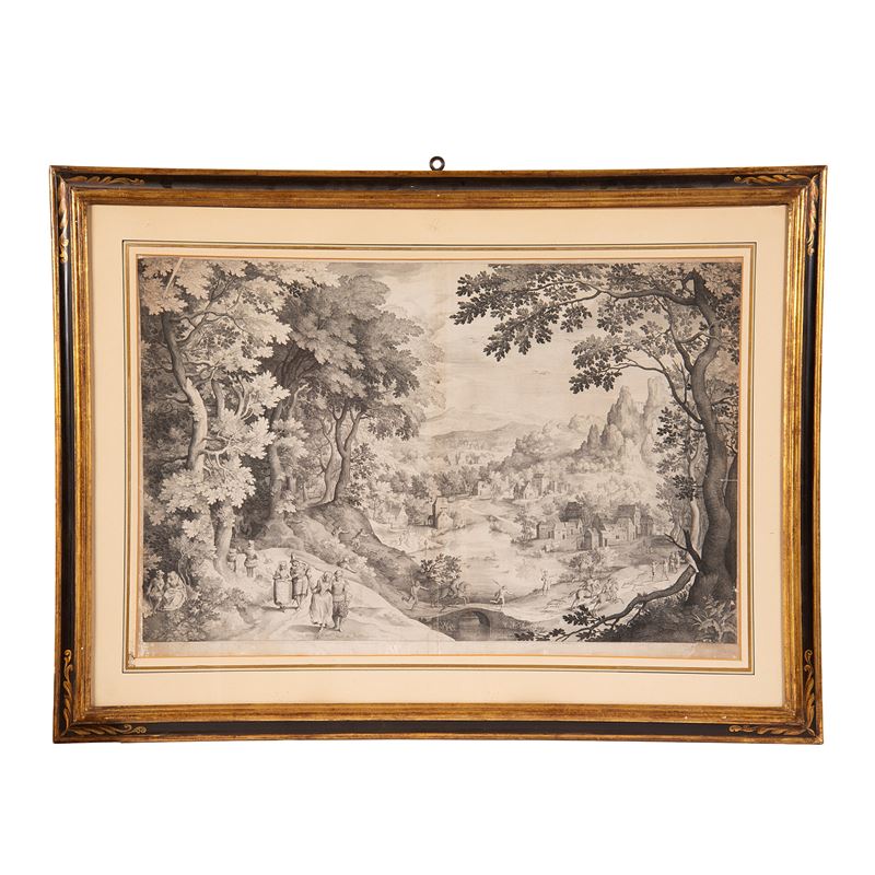 Nicolaes De Bruyn, Paesaggio con caccia al cervo (da Jan Breugel il Vecchio) — incisione a bulino