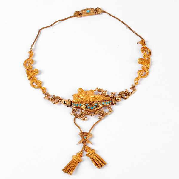 COLLANA GIROCOLLO, IN ORO GIALLO 18KT E TURCHESI