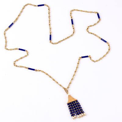 Lunga Collana in Oro Giallo 18kt, Smalti e Piccole Perle