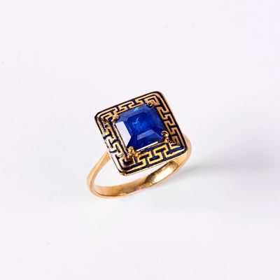 Anello in Oro Giallo 18kt, Smalto e Pietra Sintetica