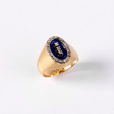 Anello da Mignolo in Oro Giallo 18kt, Smalto e Diamanti