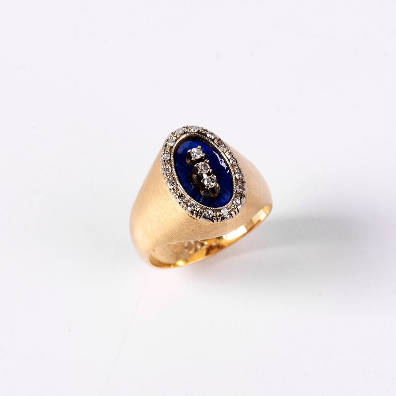 Anello da Mignolo in Oro Giallo 18kt, Smalto e Diamanti