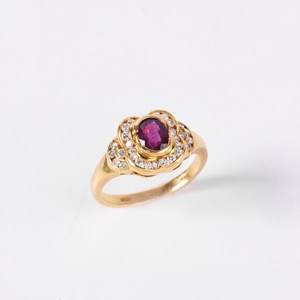 ANELLO IN ORO GIALLO 18KT DIAMANTI E RUBINO