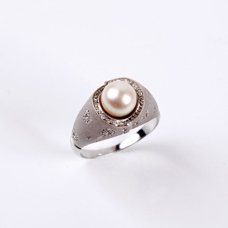 Anello in Oro Bianco 18kt, Perla e Diamanti
