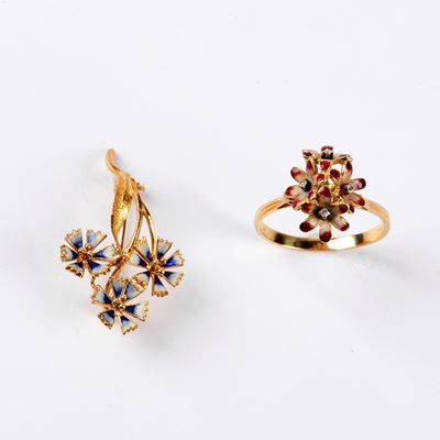Spilla e Anello in Oro Giallo 18kt e Smalti