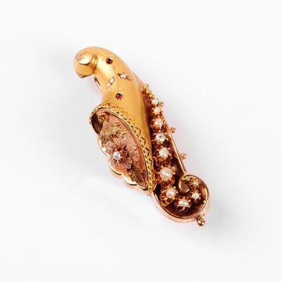 Spilla in Oro a Basso Titolo, Piccole Perle e Pietre di Colore