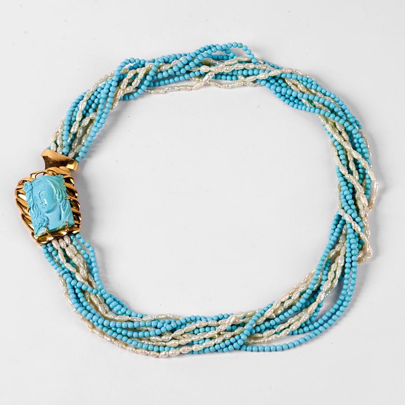 COLLANA MULTIFILO DI PERLE, TURCHESE E ORO GIALLO 18KT