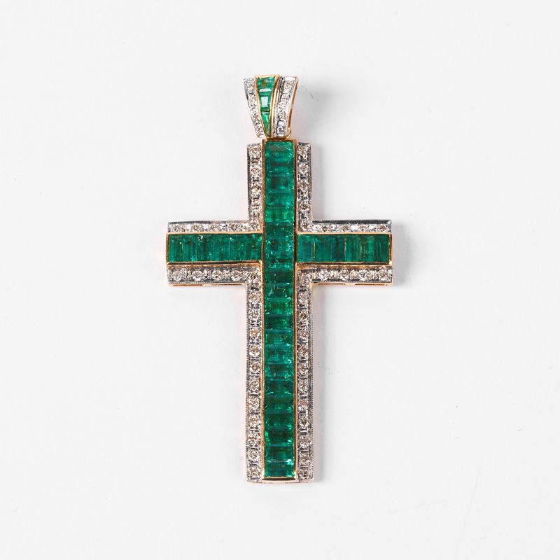 PENDENTE IN ORO GIALLO, ORO BIANCO 18KT, DIAMANTI E SMERALDI