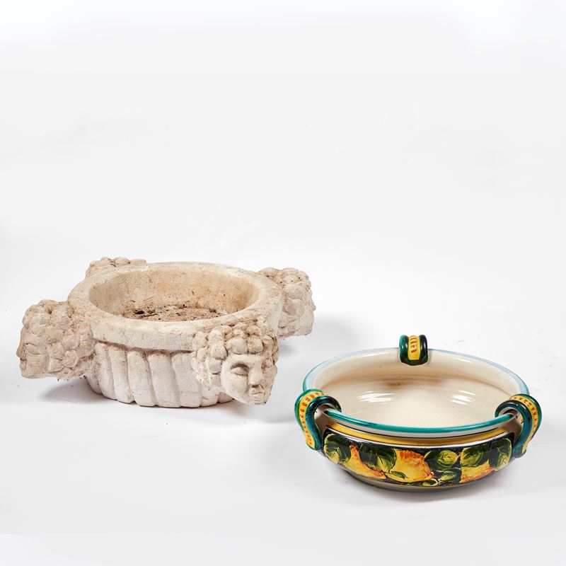 Bacile in Maiolica con Vasca in Pietra, Sec. XX