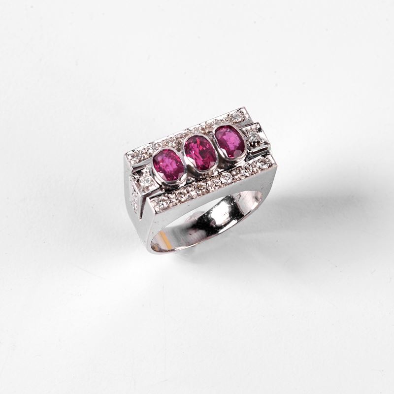 Anello in Oro Bianco 18kt, Diamanti e Rubini