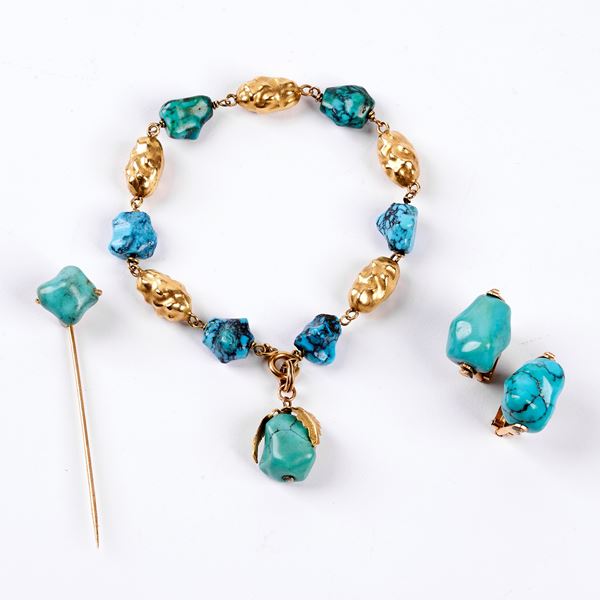 BRACCIALE E PAIO DI ORECCHINI E SPILLONE IN ORO 18KT E TURCHESE