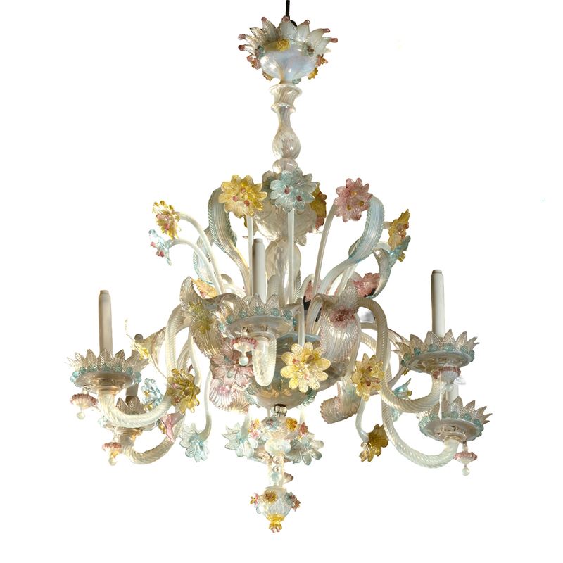 Lampadario di Murano, sec. XIX, vetro a sei bracci con decorazioni floreali