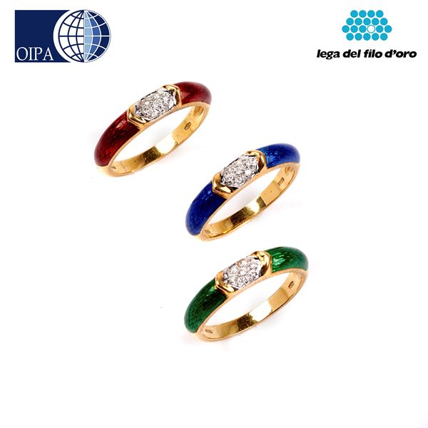 



TRE ANELLI IN ORO GIALLO 18KT, DIAMANTI E SMALTO