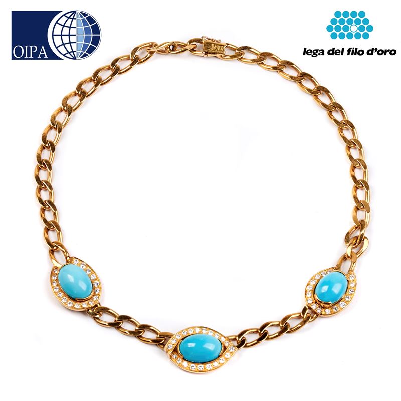 Collana Girocollo in Oro Giallo 18kt, Diamanti e Turchesi