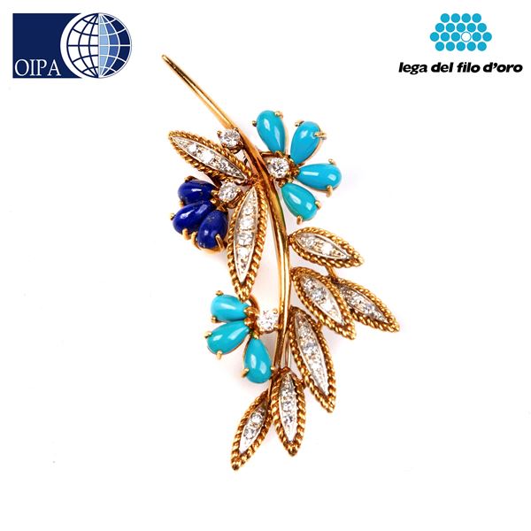 



SPILLA IN ORO GIALLO, 18KT, DIAMANTI, TURCHESI E LAPISLAZZULI