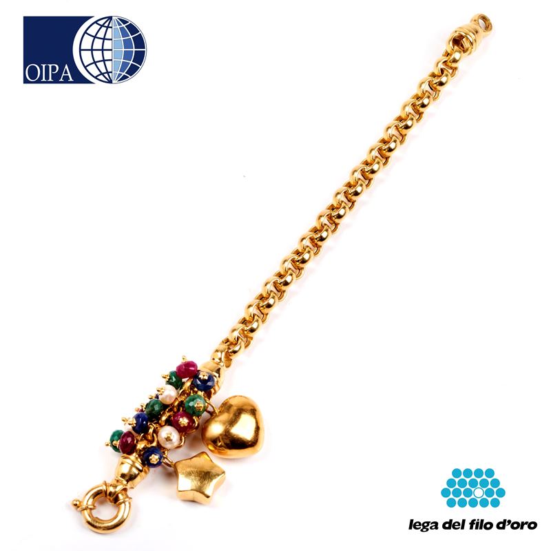 Bracciale in Oro Giallo 18kt, Zaffiri, Rubini, Smeraldi e Perle
