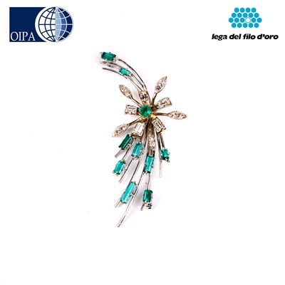 Spilla in Oro Bianco 18kt, Diamanti e Smeraldi