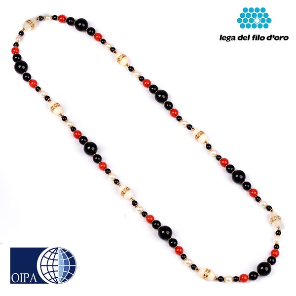 



LUNGA COLLANA IN ORO GIALLO 18KT, DIAMANTI E PIETRE 