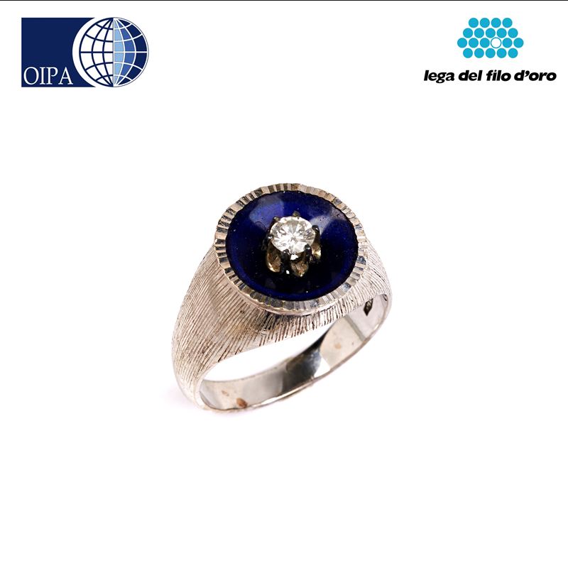 Anello in Oro Bianco 18kt, Diamante e Smalto