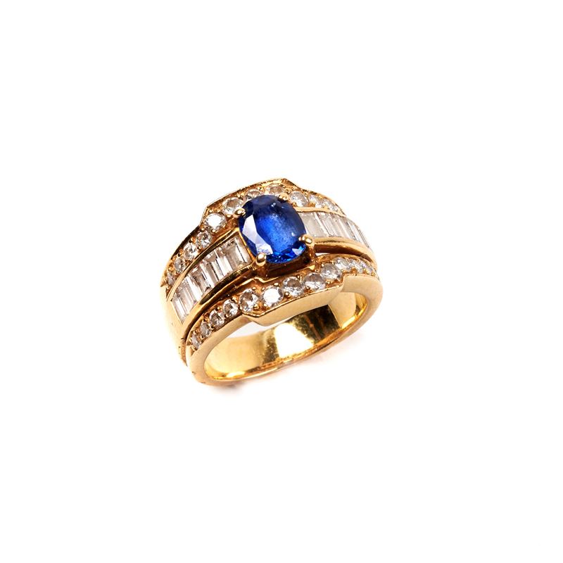 Torrini, Anello in Oro Giallo 18kt Diamanti e Zaffiro