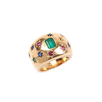 Anello in Oro Giallo 18kt, Zaffiri, Smeraldi e Rubini