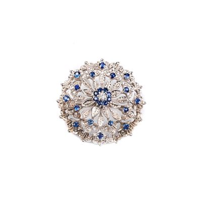 Spilla in Oro Bianco 18kt, Diamante e Zaffiri