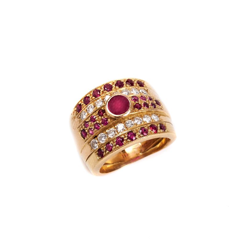 Anello in Oro Giallo 18kt, Diamanti e Rubini