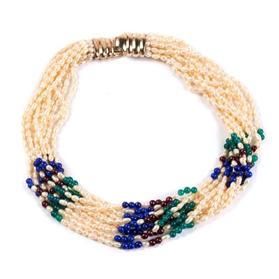 Collana Multifilo di Perle di Fiume, e Pietre