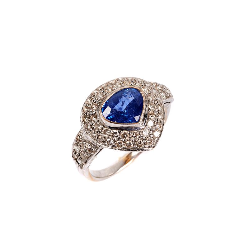 Anello in Oro Bianco 18kt , Diamanti e Pietra