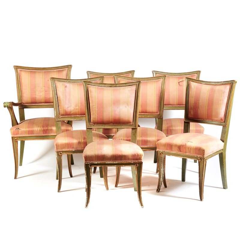 Sei sedie e una poltroncina, in stile Direttorio