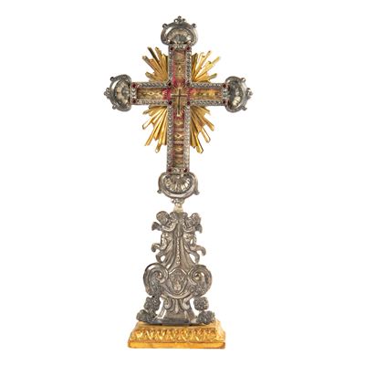 Reliquiario Luigi XVI, Croce con Putti Alati in Argento e Legno Dorato