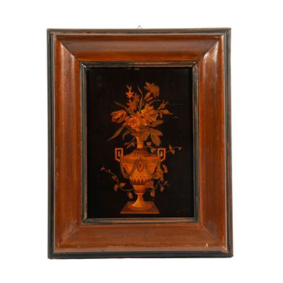 Scuola francese, Vaso di fiori - Intarsio su tavola in legno
