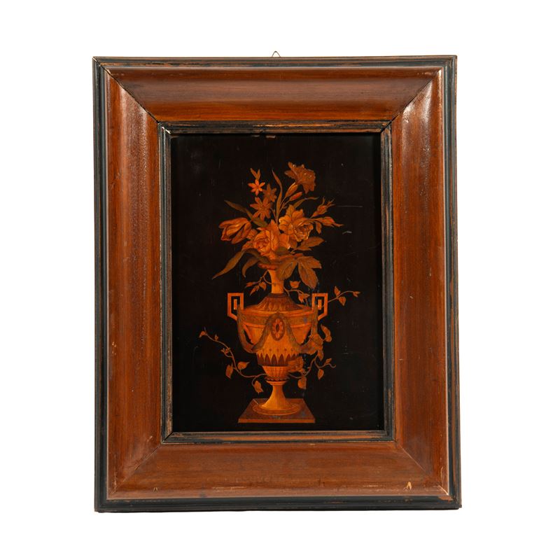 Scuola francese, Vaso di fiori - Intarsio su tavola in legno
