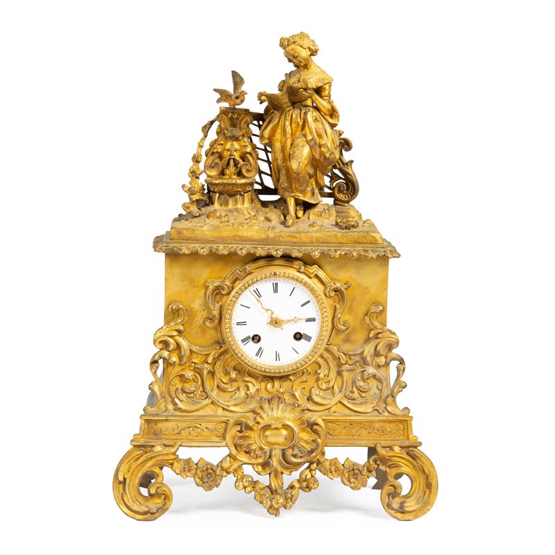 Orologio da tavolo, Francia, metallo dorato, inizi XX secolo
