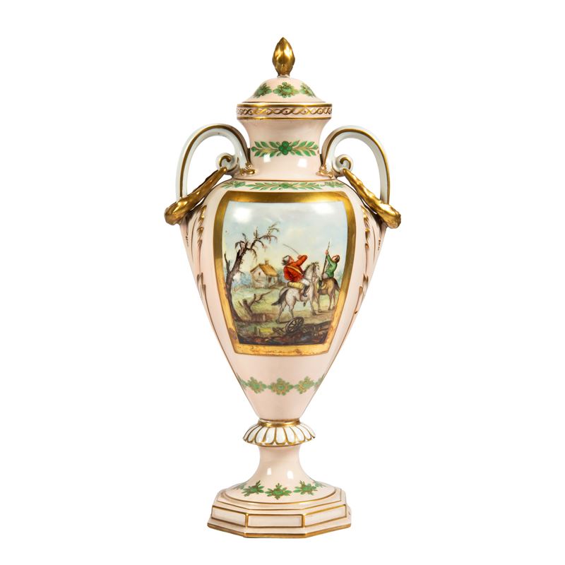 Vaso con coperchio, manifattura Dresden, ceramica policroma, stile Impero