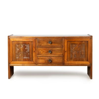 Credenza anni '40, noce con intagli a volatili