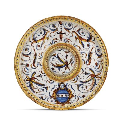 Pittore marchigiano, Coperchio da impagliata in maiolica dipinta